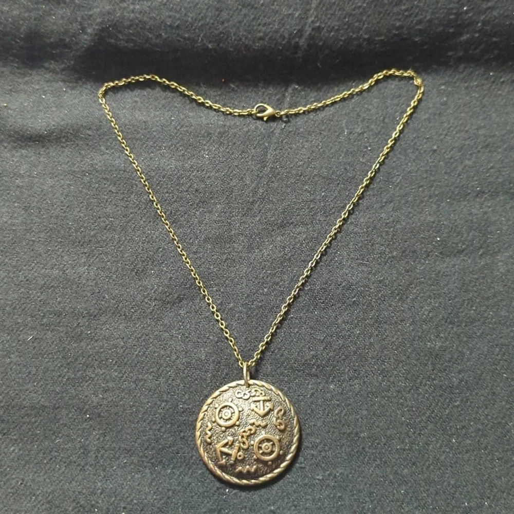 Vintage Brass Tone Round Nautical Theme Pendant Statement Necklace